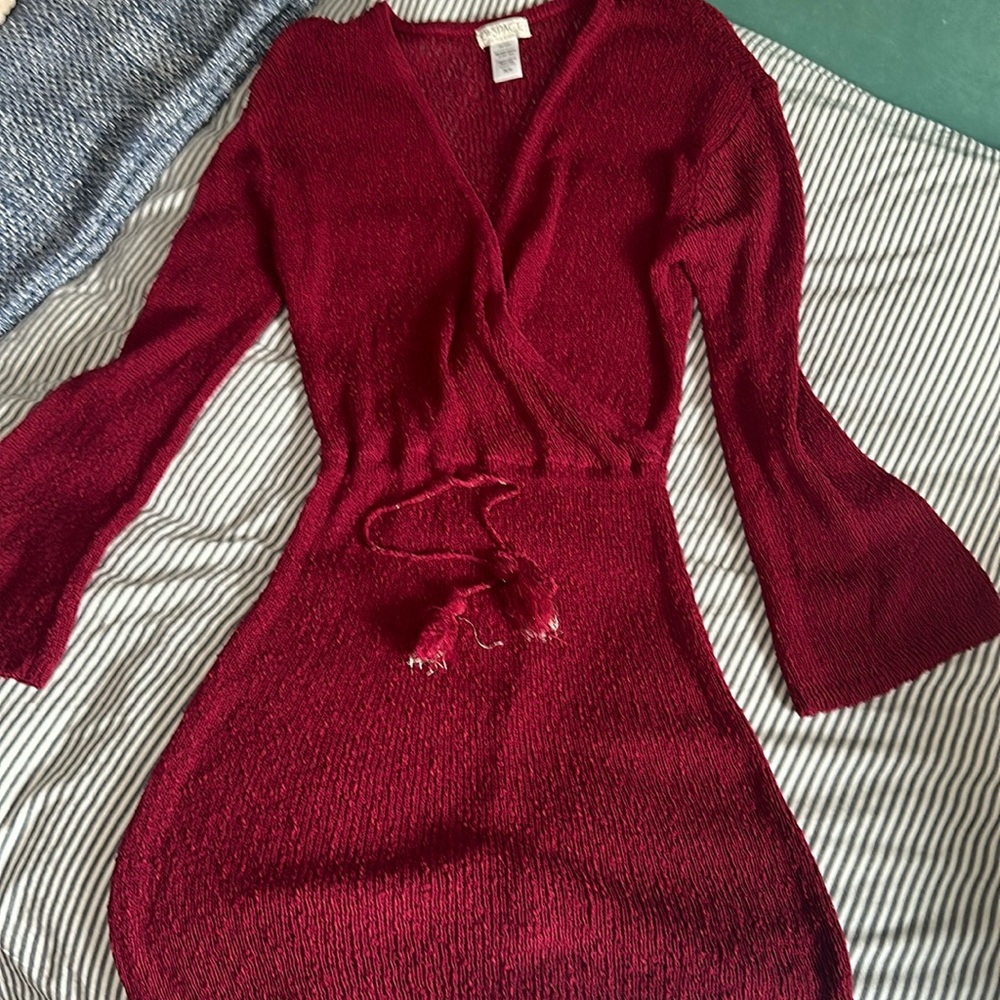 L space maroon sheer coverup dress with bell sleeves size medium - Picture 1 of 5